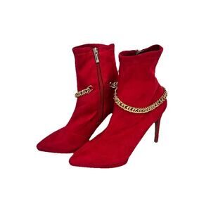 Jessica Simpson Red Micro Fiber Heels Ankle Boots Gold Chains Stretch 4" Heel